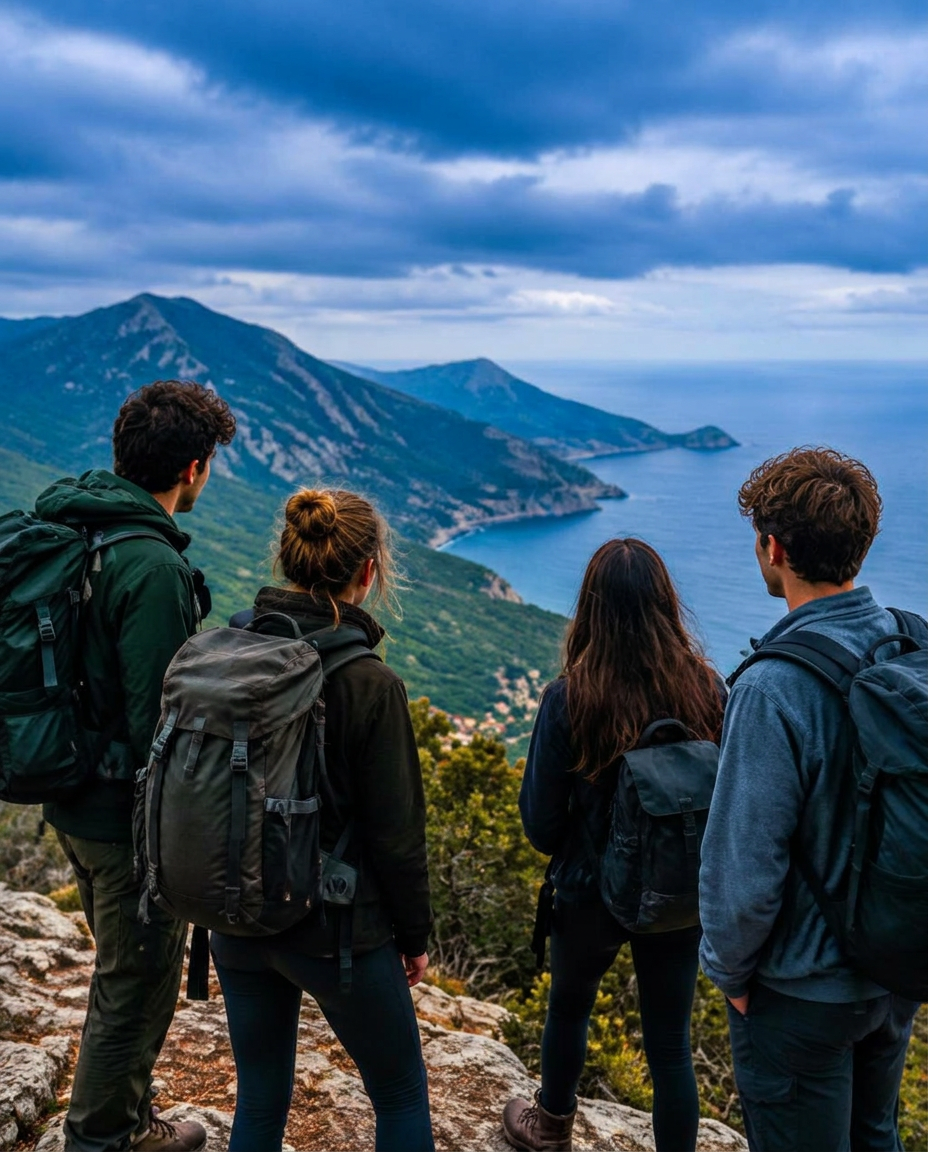 Una crew wahp guarda il panorama dalla cima di un sentiero