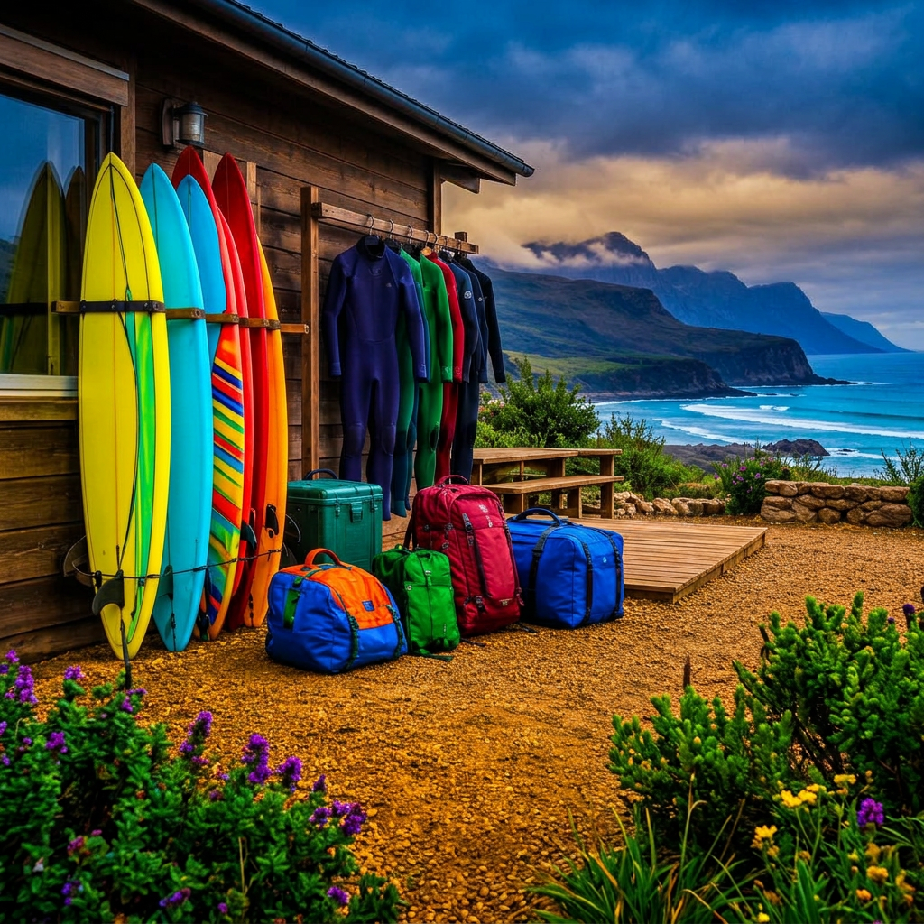 Attrezzatura da surf e bagagli pronti